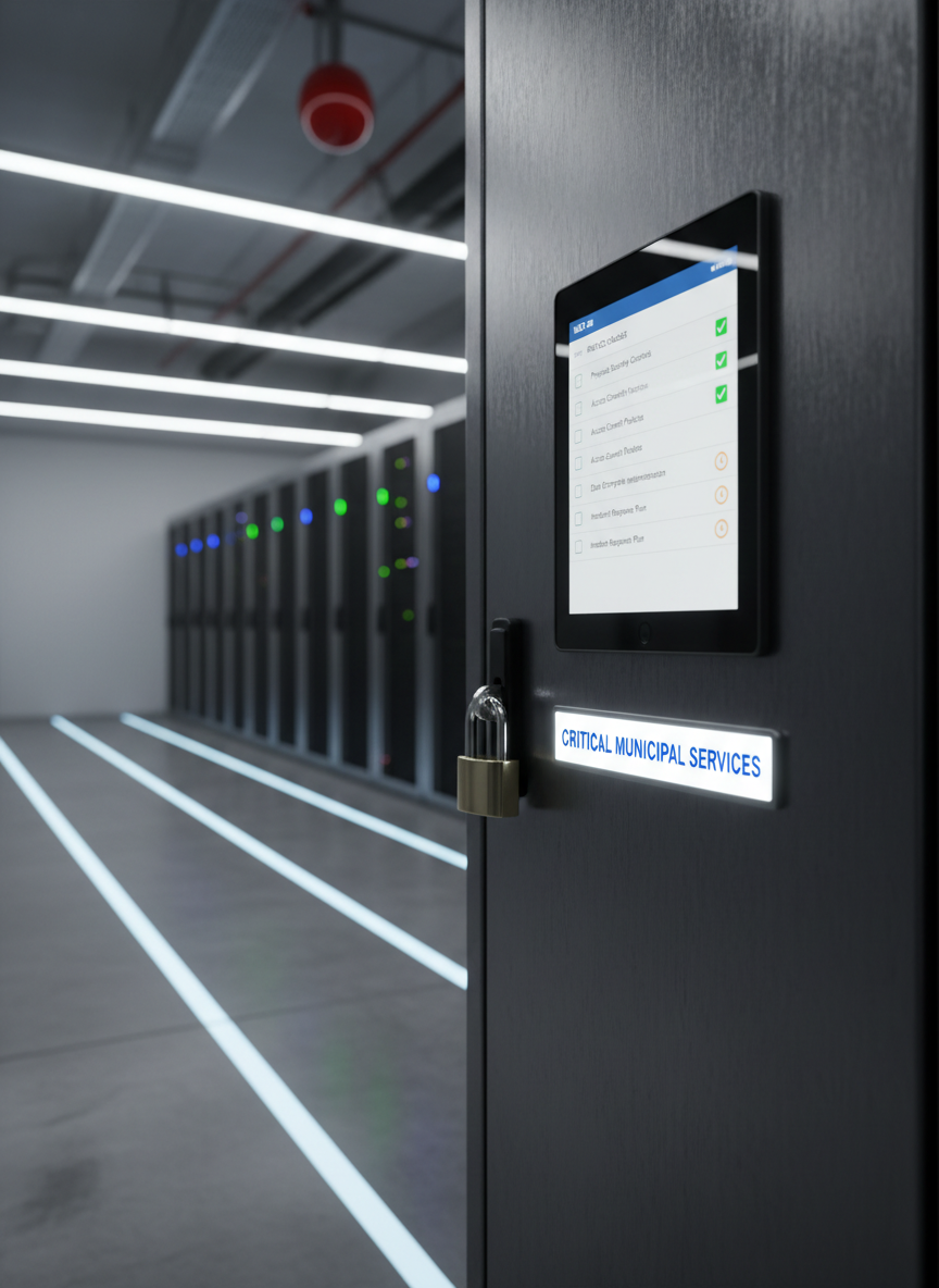 A secure server room corner featuring a locked, brushed-metal network cabinet with a small, illuminated badge reading “Critical Municipal Services”. On its front is a mounted tablet showing a clean NIS2 audit checklist interface, with completed items ticked in green and pending tasks in amber. The polished concrete floor reflects a subtle sheen from overhead cool-white LED strips. In the background, out of focus, are additional cabinets and a clearly visible fire suppression sensor. Photographic realism, low-angle shot to give importance to the cabinet and tablet, with sharp focus on the security details. The mood is serious and methodical, reinforcing robust protection of essential local government services.